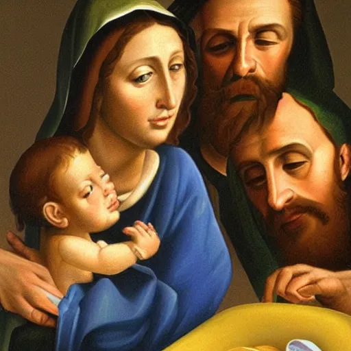 Image similar to a very detailed oil painting of the Holy Family, very detailed faces, by Andrea Vaccaro