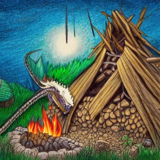 Image similar to a dragon native living in a small clay hut near a campfire, extremely stunning and detailed colored pencil drawing