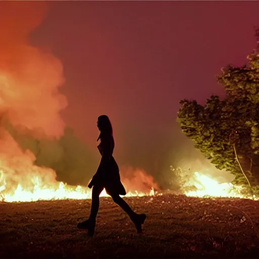 Image similar to Gregory Crewdson full color Photography, A woman walks calmly while her house is on fire, atmospheric lighting , moonlight