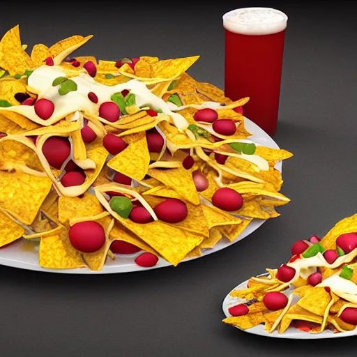 Prompt: photorealistic plate of nachos. hyperdetailed photorealism, 1 0 8 megapixels, amazing depth, rich colors, powerful imagery, 3 d finalrender, 3 d shading, cinematic lighting, artstation concept art