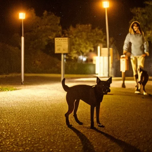 Prompt: dog walking in the night cinematography