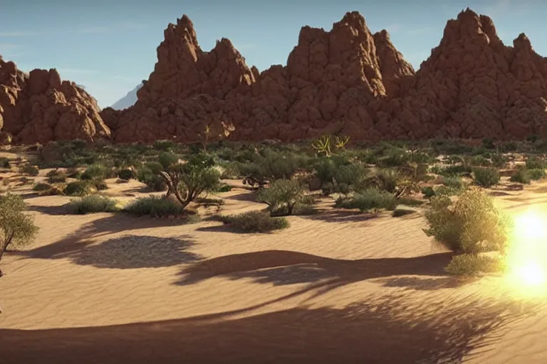 Image similar to desert oasis in a translucent casing electronic environment, ps 4 screenshot, still from a kiyoshi kurosawa movie, sanriocore, full sun lighting