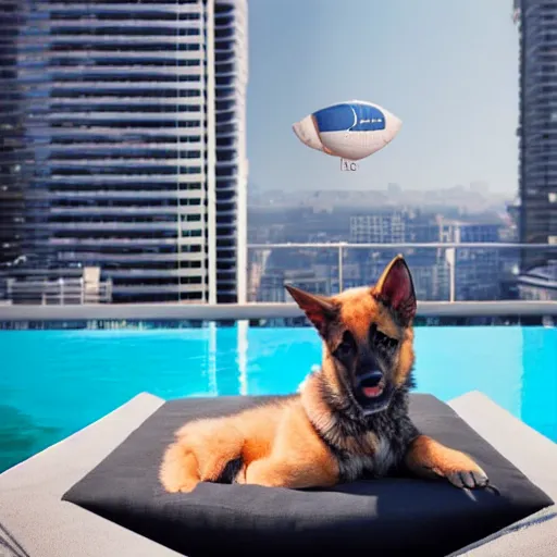 Prompt: a swanky gsd puppy relaxing at the pool on a penthouse rooftop with a futuristic blimp anchor in the background, 8K, 4K, UE5, Octane, 3D, digital art, RTX, Ray Tracing, Bokeh, happeening