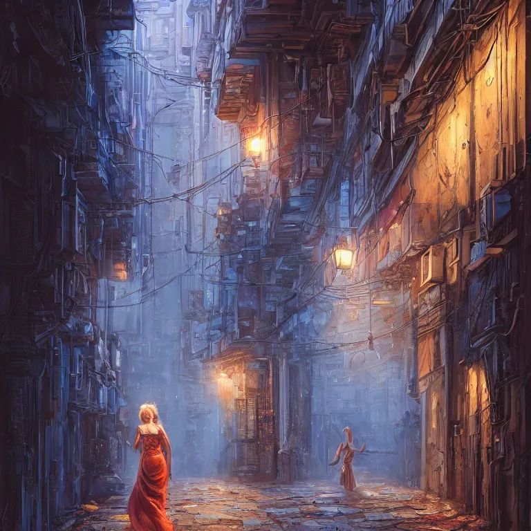 Prompt: hyperrealistic and beautiful painting of an alley way within a grand city, wanderers traveling from afar, woman in a dress walking, classical architecture, technological lights, screens, cyberpunk style, 8 k resolution, by hugh ferris and john smith, polished, fine detail, intricate, blue color scheme, cyberpunk style, smooth, octane, concept art, trending on artstation