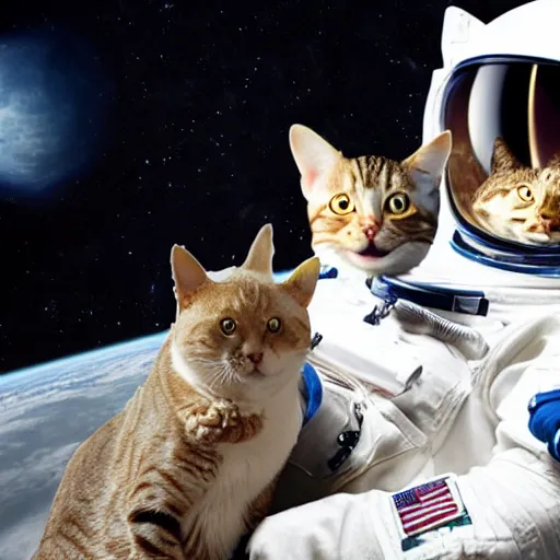 Image similar to a cat astronaut : 1 0 0 in space looking at the moon : 5 0