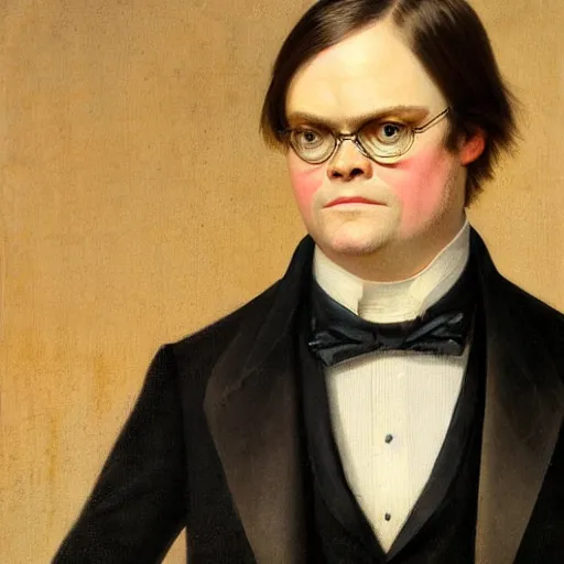 Image similar to portrait of dwight schrute wearing a tuxedo and smirking, as painted by augustus edwin mulready