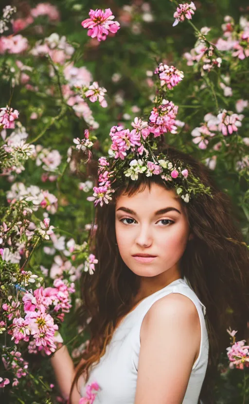 Image similar to portrait of a beautiful young girl with A LOT of flowers in her hair, beautiful composition, modern color palette, 50mm f1.8, ambient light,