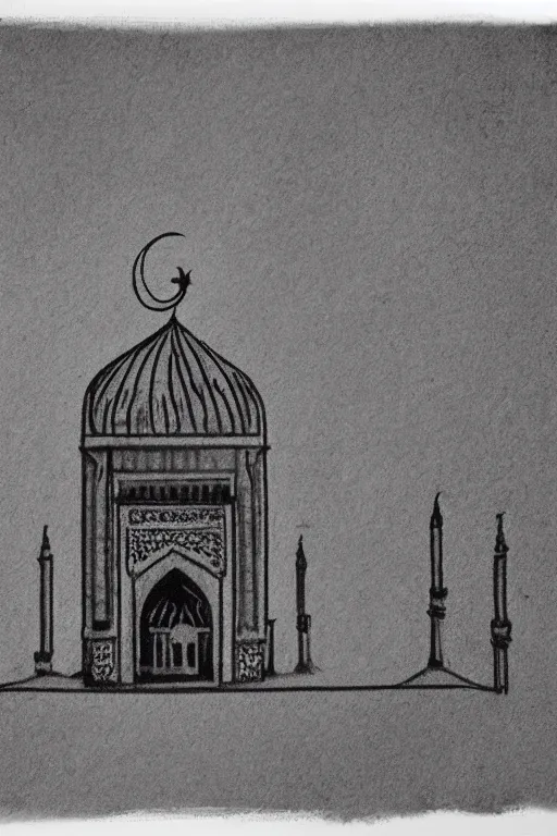 Prompt: a mosque in space in the style of a rough charcoal sketch