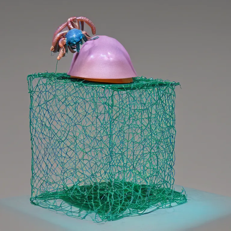 Image similar to hyperrealistic sculpture of a macaroni hermit crab dusted with rose and deep blue and hunter green spraypaint in a grid cage on a pedestal by ron mueck and duane hanson and lee bontecou, hyperrealistic dramatic colored lighting trending on artstation 8 k