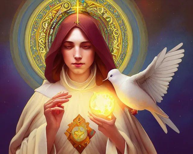 Image similar to the holy spirit as a dove, photography of kurzgesagt, deep focus, d & d, fantasy, intricate, elegant, highly detailed, digital painting, artstation, concept art, matte, sharp focus, illustration, hearthstone, art by artgerm and greg rutkowski and alphonse mucha