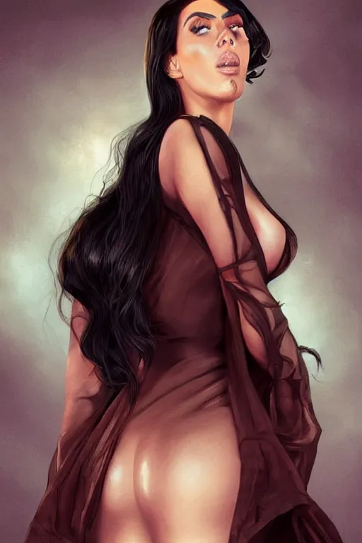 Image similar to Kim Kardashian as a heroine with a dress inspired by american horror story, digital painting, artstation, concept art, smooth, sharp focus, illustration, in-frame, centered, art by artgerm and donato giancola and Joseph Christian Leyendecker, Ross Tran, WLOP