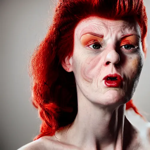 Prompt: a color photo portrait of a slender woman with red hair and a severe expression, sharp and narrow and crooked nose in the style of richard avedon, 7 5 mm lens, studio lighting.