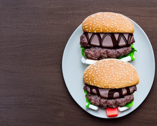 Image similar to dslr food photograph of burger with marshmallows in it, chocolate sauce, 8 5 mm f 1. 4