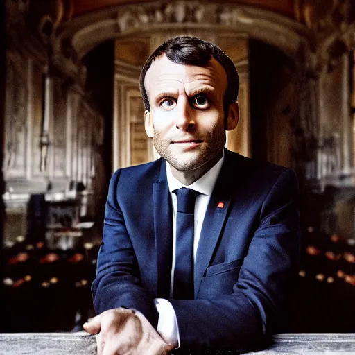 Prompt: close up portrait of emmanuel macron sitting in a tower high above the people laughing, photograph, natural light, sharp, detailed face, magazine, press, photo, steve mccurry, david lazar, canon, nikon, focus