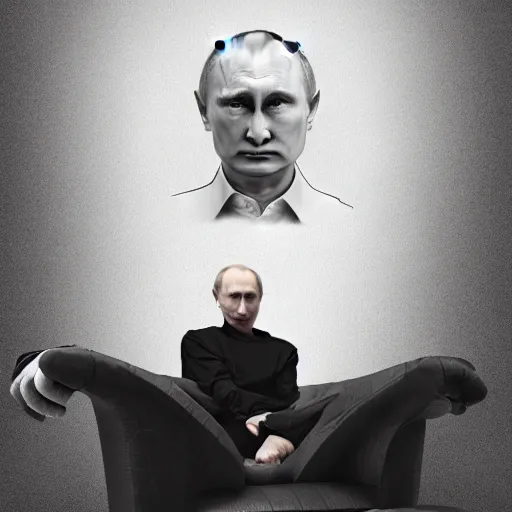 Image similar to a person looking like vladimir putin sitting on chair which looks like sponch bob, digital painting, photorealistic, symmetrical style