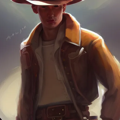 Prompt: a portrait of a teenager with an American cowboy hat, D&D, sci-fi, elegant, hopeful, muscular, highly detailed, digital painting, artstation, concept art, smooth, sharp focus, illustration