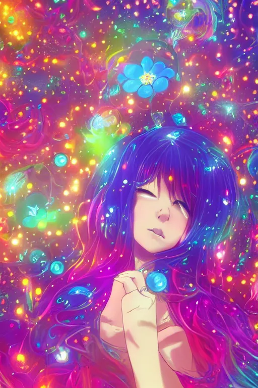Image similar to psychedelic, whimsical, anime, 4k, beautiful intimate woman vaping with professional makeup, long trippy hair, a crystal and flower dress, sitting in a reflective pool, surrounded by gems, underneath the stars, rainbow fireflies, trending on patreon, deviantart, twitter, artstation, volumetric lighting, heavy contrast, art style of Ross Tran and Ilya Kuvshinov