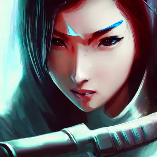 Prompt: closeup of a young cyberpunk samurai lady holding a sword, digital painting, anime style, Artstation, by Artgerm