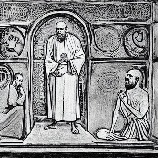 Prompt: They had been so carefully drawn that Brother Francis assumed at once that they were symbols. Francis immediately assumed that they were symbols, but after several minutes of meditating on them, he stood up, still dazed. But after several minutes of meditation on them, he stood up still dazed. Witchcraft marks, perhaps? But no; the old man had said Stay with God, and a sorcerer would not say such a thing. The novice freed the stone from the heap of ruins and rolled it away. As he did so, the tumulus rumbled slightly inside and a small stone bounced down the slope. Francis Francis jumped out of the way of a possible avalanche, but the disturbance had been momentary Highly detailed 3d fractal, volumetric lighting, sharp focus, ultra-detailed, hyperrealistic, complex, intricate, 3-point perspective, hyper detailed, unreal engine 5, IMAX quality, cinematic, finely detailed, small details, extra detail, symmetrical, high resolution, rendered 3D model, octane render, arnold render, PBR, path tracing, 8k, 4k, HD, hi-res, award-winning, awe-inspiring, ground-breaking, masterpiece , artgem, Dark Fantasy mixed with Socialist Realism, saturated colours