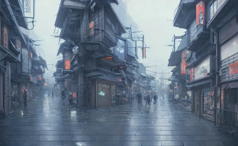 Prompt: japanese city street, soft grey and blue natural light, intricate, digital painting, artstation, concept art, smooth, sharp focus, illustration, art by greg rutkowski and luis rollo and uang guangjian and gil elvgren, symmetry!