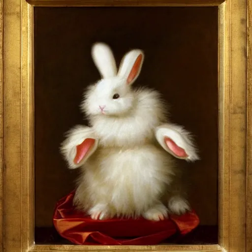 Prompt: a baroque painting of a fluffy white rabbit wearing a hat wasting a strawberry