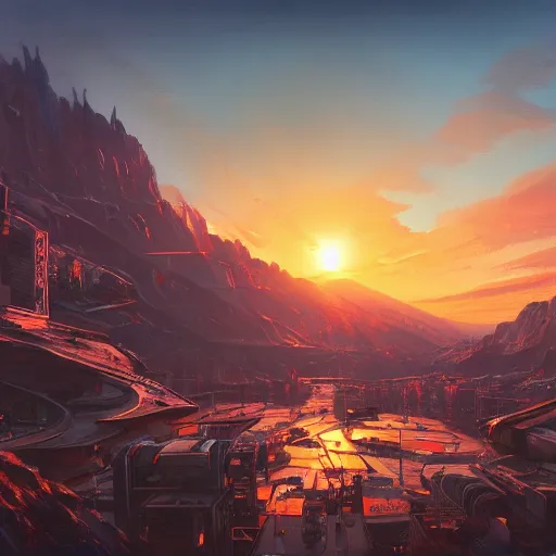 Image similar to beautiful sunset over detailed cyberpunk suburb in a valley surrounded by epic mountains with snowtops, sharp, highly detailed, oil on canvas, kacper niepokolczycki, syd mead, 4 k, perfect geometry