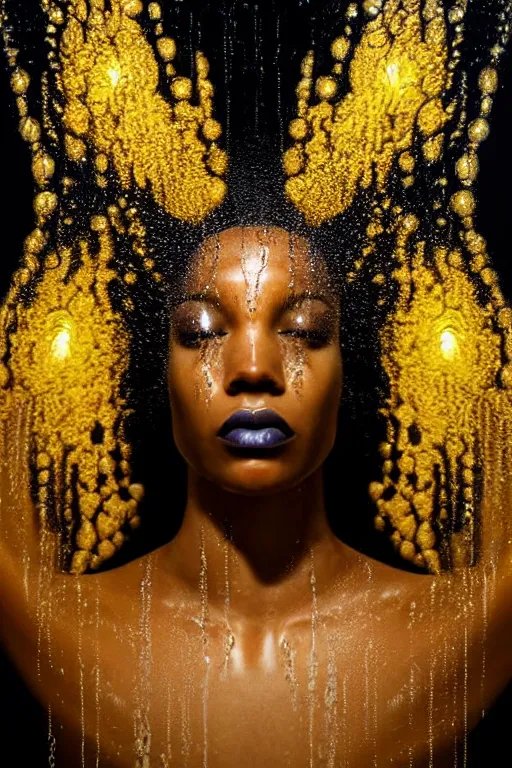 Image similar to hyperrealistic post - futurist cinematic profile very expressive! black oshun goddess, in water! up to shoulders, mirror dripping droplet!, gold flowers, highly detailed face, digital art masterpiece, smooth eric zener cam de leon, dramatic pearlescent turquoise light on one side, low angle uhd 8 k, shallow depth of field