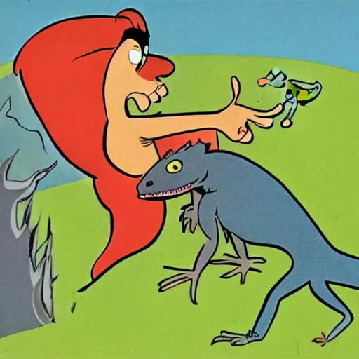 Image similar to charles mingus chasing after a lizard, 1 9 5 0 s cartoon style