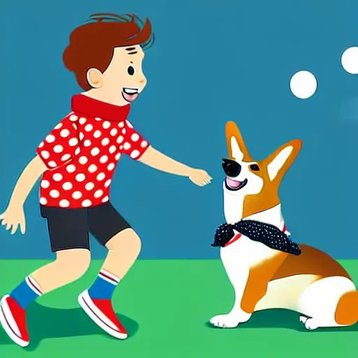 Image similar to illustration of french boy in paris playing football against a corgi, the corgi is wearing a polka dot scarf