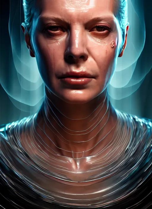 Prompt: 3 / 4 portrait, queen, crown, translucent skin, muscle, bones, veins, nerves, hyperrealism, detailed, photorealistic, cyberpunk apocalyptic city, futuristic, ultra realistic, cinematic, intricate, cinematic light, unreal engine 8 k, octane render, unreal engine by charlie bowater, david kostic, stanley lau, artgerm