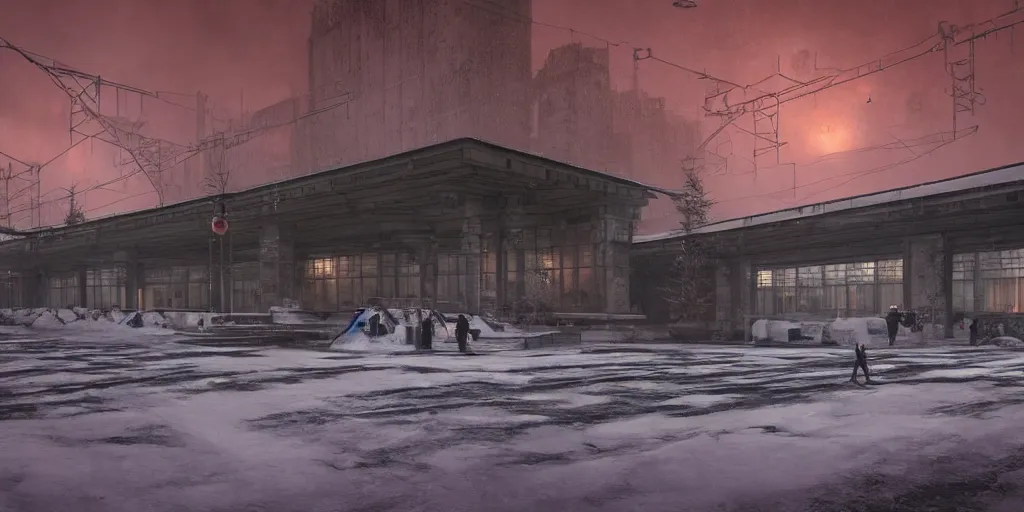 Prompt: hyper realistic render of soviet era 1 9 5 0's brutalism train station, located in the snow, puddles of water, by kait kybar, ivan shishkin, sunset, foggy, stunning skies, volumetric lighting, sharp focus, hyper detailed, digital art, cryengine