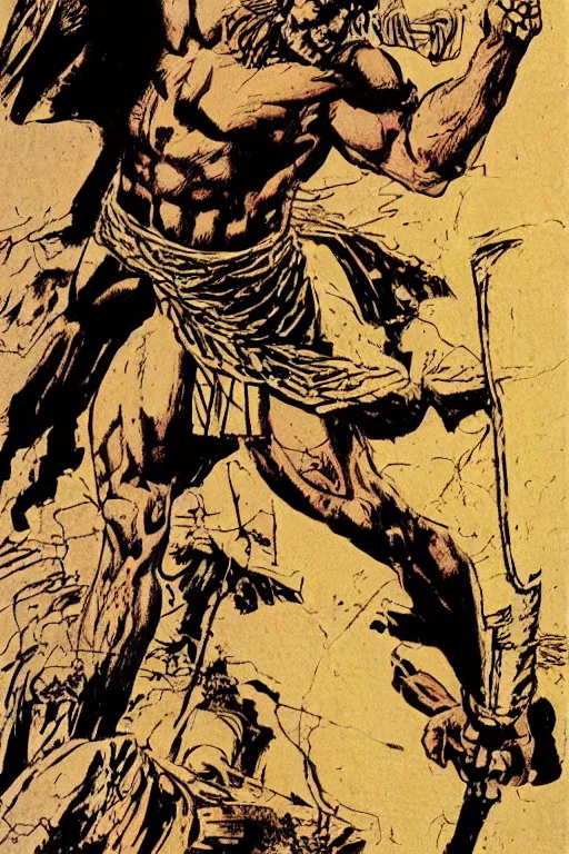 Image similar to ancient historically accurate depiction of the Bible Character Goliath of Gath, the Philistine warrior giant by frank miller