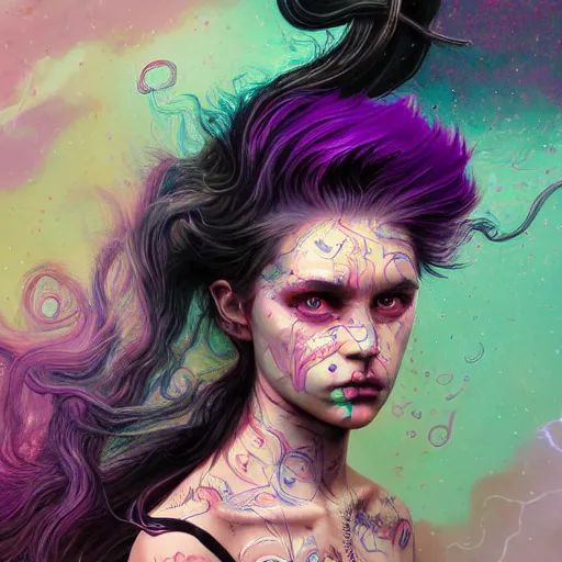 Image similar to detailed photo portrait of a furious teen girl with thin, hair-like purple tentacles on her head and bright purple eyes, 8k,by tristan eaton, Stanley Artgermm,Tom Bagshaw,Greg Rutkowski,Carne Griffiths,trending on DeviantArt, face enhance,hyper detailed ,full of colour, dramatic lightning