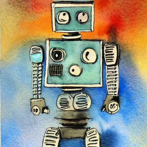 Image similar to a children's book watercolor illustration of a broken robot