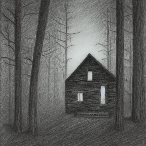 Image similar to a drawing of a eerie cabin in the middle of the woods in the style of beksinski