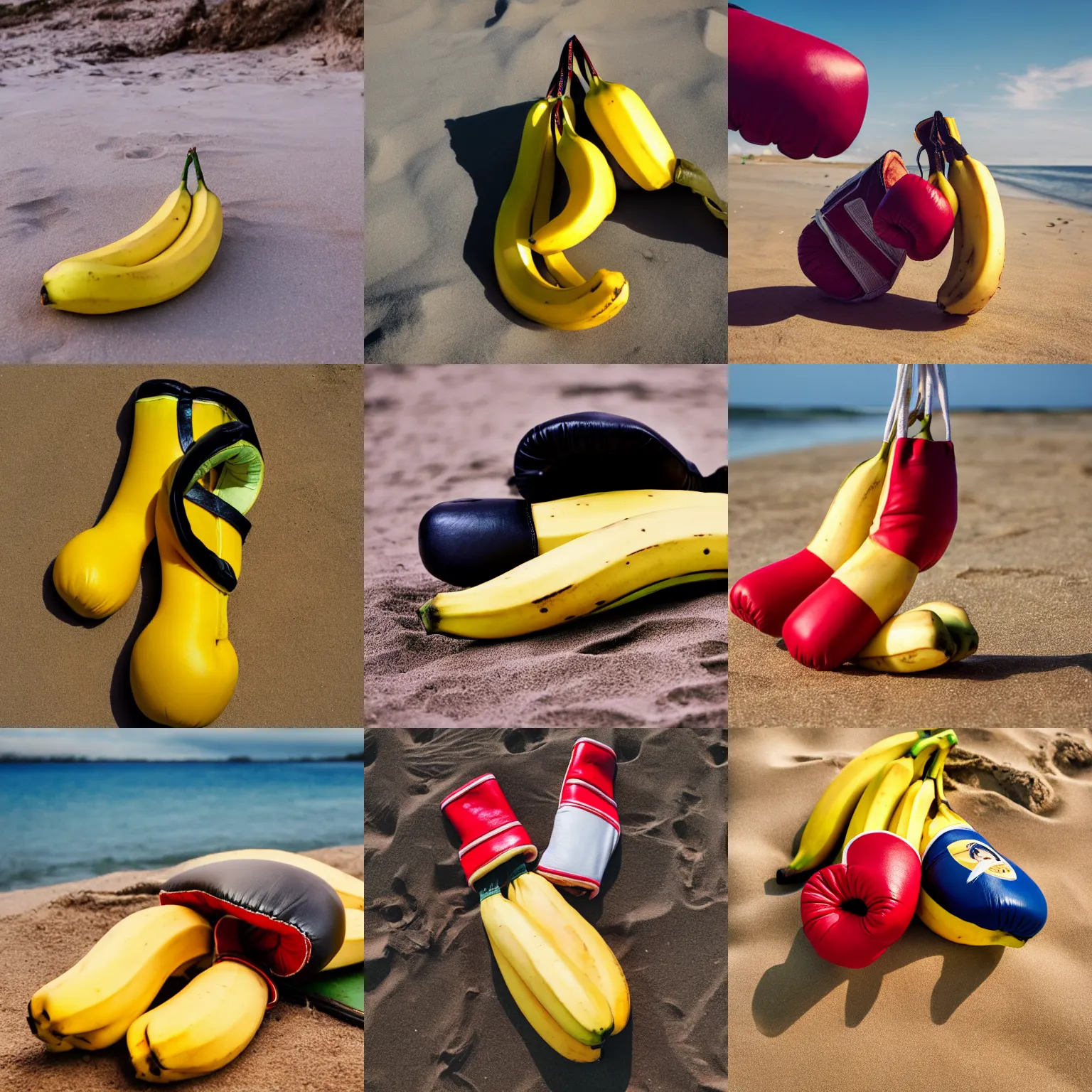 Prompt: a photo of a banana with boxing gloves on the beach