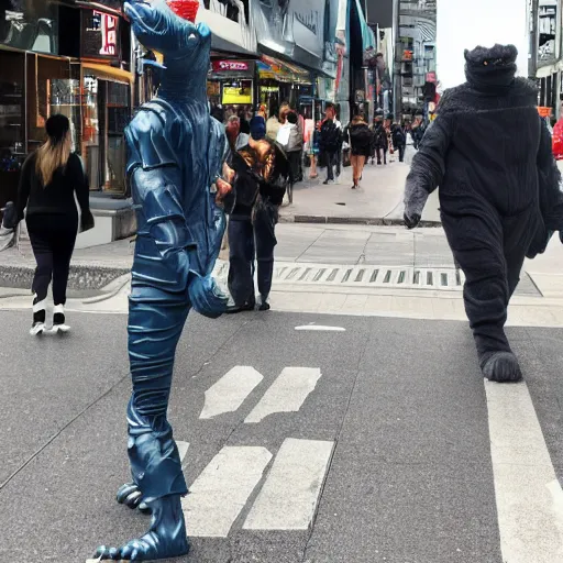 Prompt: a photo of person in godzilla costume walking on busy street