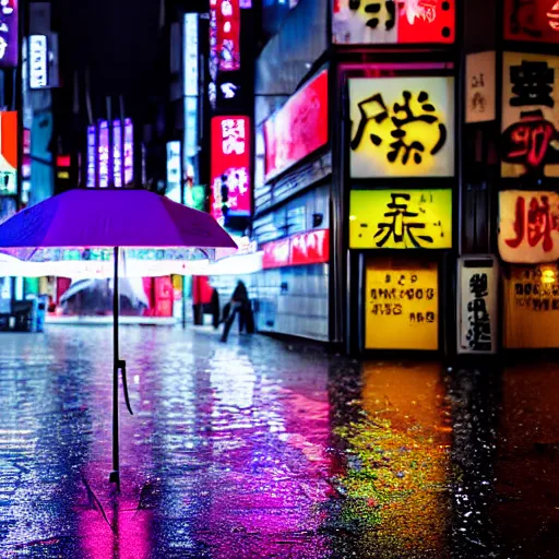 Image similar to a moody 2 0 0 mm shot of an umbrella in a rainy tokyo night, neon lights, photography