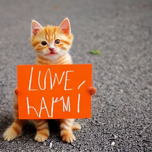 Image similar to cute fluffy orange tabby kitten with a sign that says