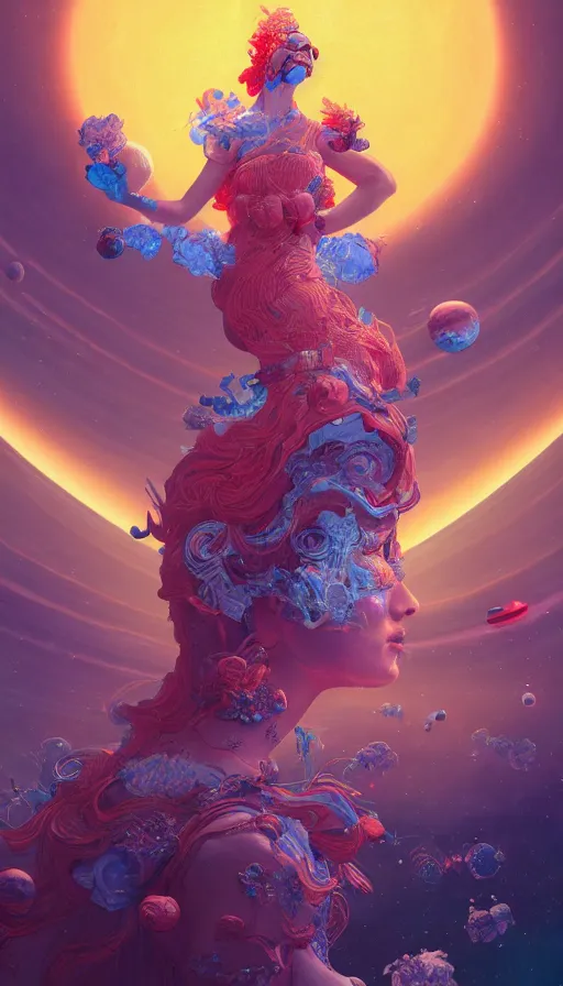 Image similar to a beautiful goddesses, planets crashing, highly detailed, digital painting, refreshing, trending on artstation, octane render, illustration by james jean