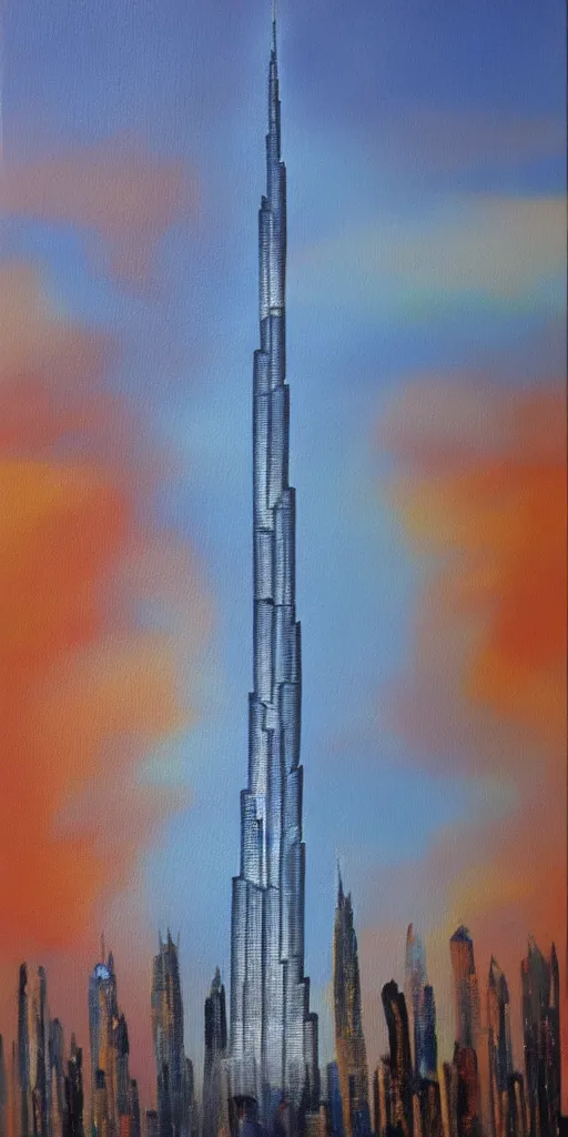 Image similar to The Burj Khalifa, Dubai, oil painting in the style of Bob Ross, high detail