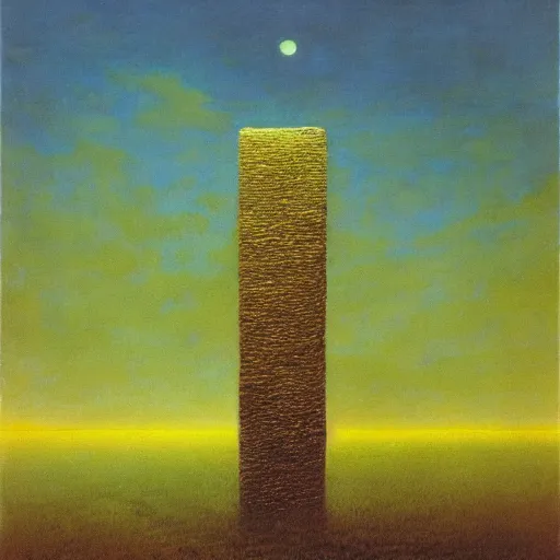 Prompt: row of stelae floating above the horizon, zdzislaw beksinski