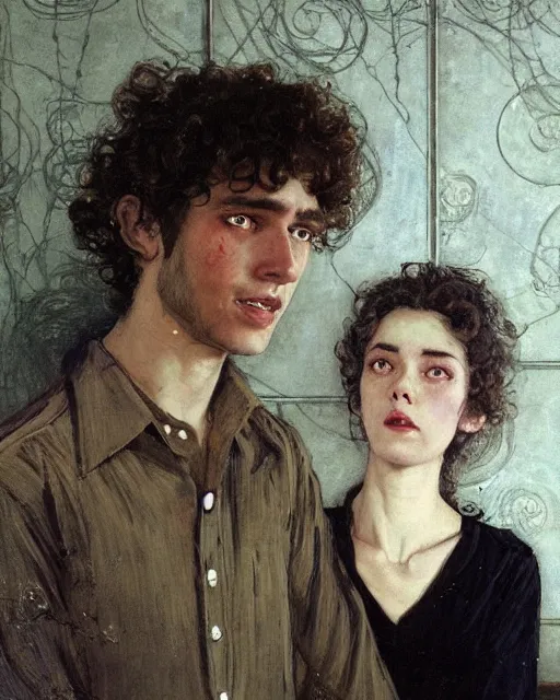 Prompt: two handsome but creepy young people in layers of fear, with haunted eyes and curly hair, 1 9 7 0 s, seventies, wallpaper, a little blood, moonlight showing injuries, delicate embellishments, painterly, offset printing technique, by coby whitmore, jules bastien - lepage, mary jane ansell