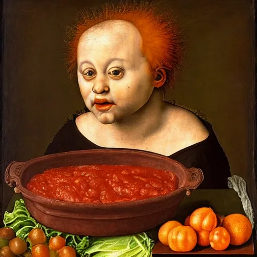 Image similar to a boy sitting in a tub full of tomato sauce, a lot of cabbage, by giuseppe arcimboldo and ambrosius benson, renaissance, portrait, fruit, intricate and intense oil paint, realistic