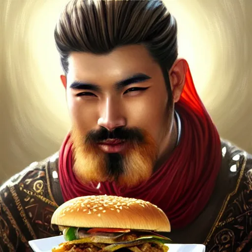 Prompt: portrait of a gengis khan eating a hamburger, extra onions and ketchup, luscious patty with sesame seeds, masculine, handsome, D&D, fantasy, intricate, elegant, highly detailed, digital painting, artstation, concept art, matte, sharp focus, illustration, art by Artgerm and Greg Rutkowski and Alphonse Mucha