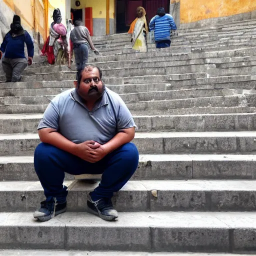 Image similar to an obese indian in a wheelchair on steps in Porto, detailed photo