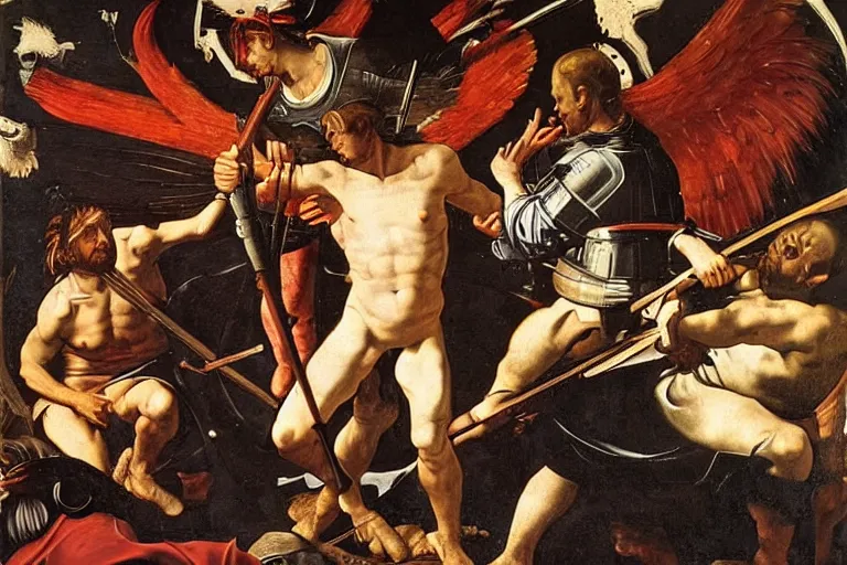 Prompt: a medieval battle scene in tuscany with angels and devils by Caravaggio, renaissance style,