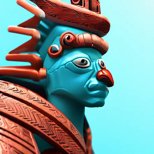 Prompt: closeup 3 d toy maori aztec god as funco toy, plastic, sss, octane 4 k render, studio lighting, artstation, cyan photographic backdrop, 1 0 5 mm, f 2. 8 aperture