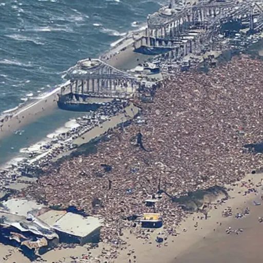 Image similar to santa monica pier completely destroyed, helicopter coverage, photo from above, news coverage, sadness, cnn news