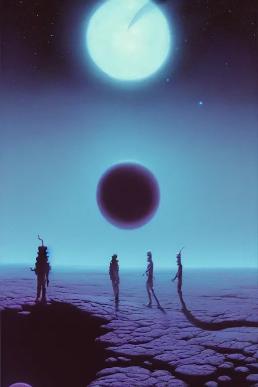 Image similar to emissary space ( designated : ix 3 2 4 4 - a ) by arthur haas and bruce pennington and john schoenherr, cinematic matte painting, 8 k, color palate alien planet under arctic moonlight by moebius by beeple by by jakub rozalski by paul lehr by dan mumford, dark color palate,